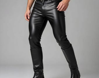Handmade Men's Shiny Black Leather Pants Tight Fit Genuine Biker Fetish Trousers Custom Made
