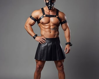 Men's Black Leather Pleated Kilt Skirt Gas Mask Harness BDSM Fetish Outfit Costume