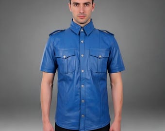 Handmade Blue Leather Shirt Men Genuine Short Sleeve Button Up Custom Biker Style