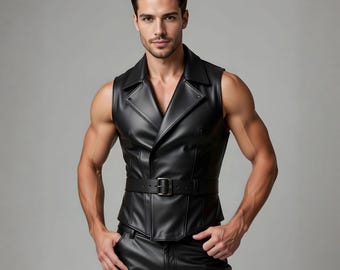 Handmade Black Leather Biker Vest Men's Genuine Motorcycle Club Style Sleeveless Jacket