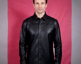 Handcrafted Black Leather Shirt Men's Genuine Lambskin Slim Fit Button Up Biker Style