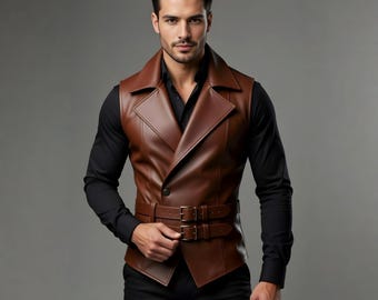 Handmade Brown Leather Vest Men Genuine Biker Motorcycle Belted Sleeveless Jacket