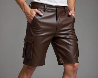 Leather Cargo Shorts Men Brown Genuine Leather Multi Pocket Streetwear