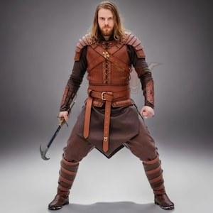 May include: Brown leather armour set featuring shoulder pauldrons, a laced bodice, and a wide belt. The set includes matching arm and leg guards, and is paired with brown trousers and boots. A sword with a blue blade is held.