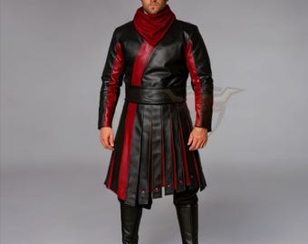Samurai Warrior Leather Coat Black Red Costume Men Japanese Kimono Cosplay Outfit