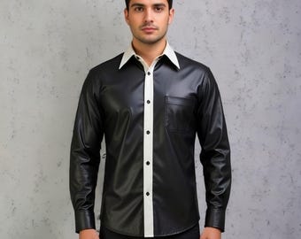 Handmade Black Leather Shirt Men Genuine Shiny Contrast Collar Button Up Custom