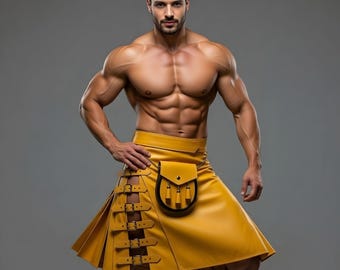 Men's Mustard Yellow Leather Kilt Handmade Genuine Cowhide Utility Festival Cosplay