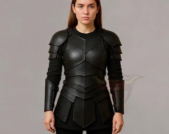 Women Black Leather Warrior Armor Set Medieval LARP Costume Fantasy Cosplay Chest plate and