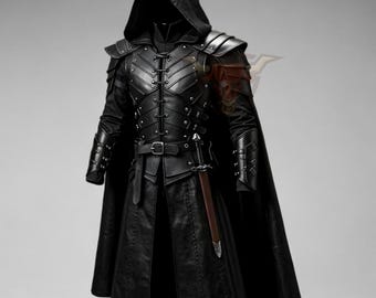 Traje de armadura de caballero medieval con capa con capucha, cosplay steampunk de cuero, disfraz de fantasía gótica