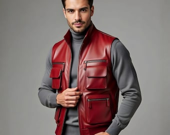 Handmade Men's Red Leather Vest Genuine Cowhide Biker Style Multi Pocket Waistcoat