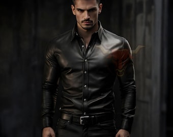 Men’s Black Leather Shirt Slim Fit Genuine Leather Button Down Fashion Top For Men