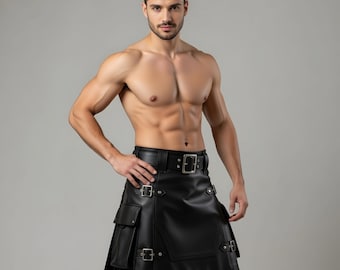 Men's Black Leather Utility Kilt Handmade Genuine Cowhide Gothic Festival Cosplay