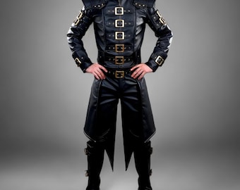 Handcrafted Dark Knight Black Leather Armor Suit Medieval Biker Gothic LARP Cosplay Men Costume