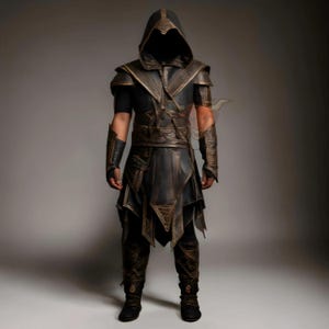 Puede incluir: Imagen de cuerpo entero de un disfraz negro y bronce con capucha. El disfraz presenta detalles intrincados, incluyendo armadura en los hombros, protectores de brazos y una falda en capas. El diseño sugiere un tema histórico o de fantasía.