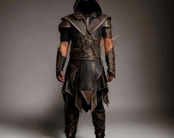 Disfraz de armadura de asesino de fantasía personalizado con capucha, traje medieval de cuero, ropa de cosplay de caballero oscuro