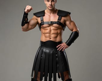 Men's Black Leather Gladiator Kilt with Chest Harness Shoulder Armor Cosplay Costume
