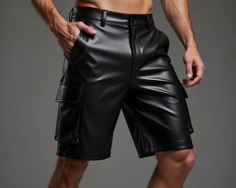 Black Leather Cargo Shorts Men's Genuine Biker Motorcycle Utility Pockets