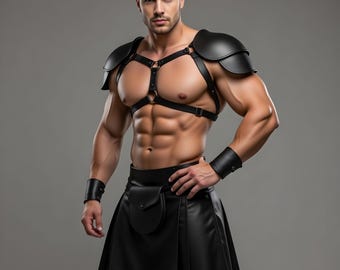 Men's Black Leather Kilt with Chest Harness Shoulder Armor Gladiator Warrior Costume