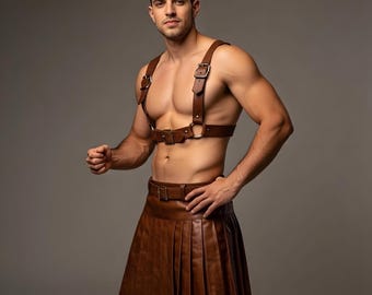 Men's Brown Leather Pleated Kilt Harness Set Gladiator Cosplay BDSM Fetish Outfit Costume