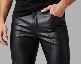 Handmade Men's Black Genuine Leather Pants Slim Fit Shiny Biker Moto Trousers