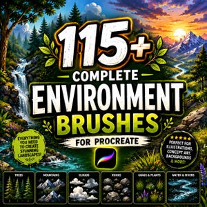 以下が含まれることがあります： デジタルアートブラシの広告。画像には「115+ COMPLETE ENVIRONMENT BRUSHES FOR PROCREATE」が表示され、滝、山、夕日の背景があります。木、山、雲、岩、草、水のアイコンが下に表示されています。