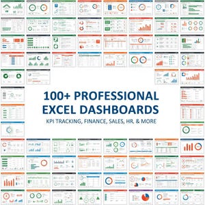 以下が含まれることがあります： さまざまなグラフを備えた100以上のExcelダッシュボードテンプレートのコレクション。ダッシュボードは、KPI追跡、財務、販売、人事などをカバーし、青と白のタイトル「100+ PROFESSIONAL EXCEL DASHBOARDS」が付いています。