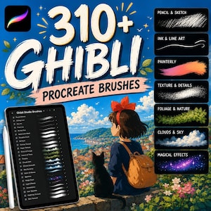 May include: A digital collection of 310+ Ghibli Procreate brushes featuring a tablet display with a brush menu, a stylus, and a list of categories including pencil, ink, painterly, texture, foliage, clouds, and magical effects for digital art.
