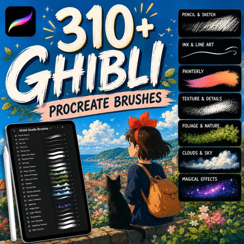 May include: A digital collection of 310+ Ghibli Procreate brushes featuring a tablet display with a brush menu, a stylus, and a list of categories including pencil, ink, painterly, texture, foliage, clouds, and magical effects for digital art.