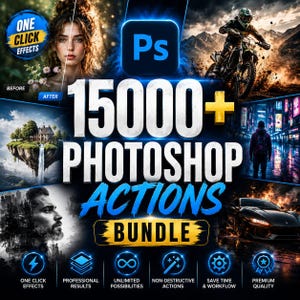 May include: A graphic advertising a Photoshop actions bundle, showcasing before and after photo effects, a motorbike racer, and a cityscape. The text reads "15000+ Photoshop Actions Bundle" with icons highlighting features such as "One Click Effects."