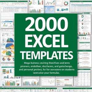Op de afbeelding: Een groene vierkant met de tekst "2000 EXCEL TEMPLATES" in het wit. De afbeelding is omgeven door meerdere screenshots van Excel-spreadsheets met verschillende grafieken. De tekst eronder is wazig.