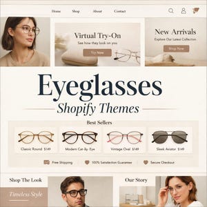 May include: A website showcasing eyeglasses, featuring a clean design with the text "Eyeglasses Shopify Themes." The page includes sections for "Virtual Try-On" and "New Arrivals." Displayed are various eyeglass styles, including Classic Round, Modern Cat-ay Eye, Vintage Oval, and Sleek Aviator.