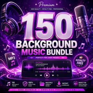 May include: A purple graphic promoting a 150-track background music bundle. The image features headphones, a microphone, and a smartphone displaying a music player interface. Text includes "Premium," "Royalty Free," and "Instant Download."