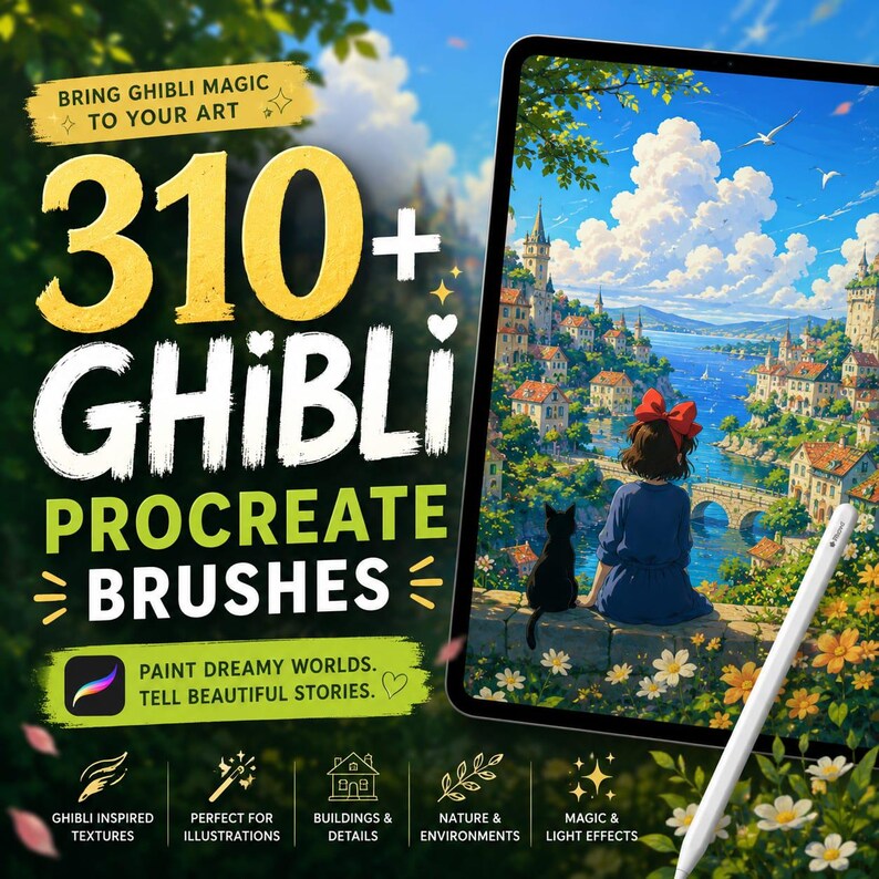 May include: A digital tablet displaying an illustration of a person with a red bow and a black cat overlooking a coastal town, accompanied by a stylus. Text reads: BRING GHIBLI MAGIC TO YOUR ART, 310+ GHIBLI PROCREATE BRUSHES, PAINT DREAMY WORLDS.