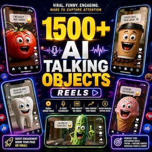 May include: Promotional graphic with the text "1500+ AI Talking Objects Reels." The image features animated objects on smartphones, including a tomato, coffee cup, tooth, cucumber, and ice cream cone. The graphic promotes engagement and viral content.