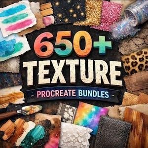 Può includere: Immagine che mostra pacchetti di texture Procreate. L'immagine presenta il testo "650+ TEXTURE PROCREATE BUNDLES" in un design colorato. Vengono mostrate varie texture, tra cui glitter, acquerello e pizzo.