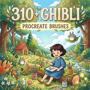 May include: A digital illustration featuring the text 310+ GHIBLI PROCREATE BRUSHES. The scene depicts a person sitting on a log in a lush forest, drawing on a tablet. The landscape includes a small wooden house, a river, and various forest creatures.