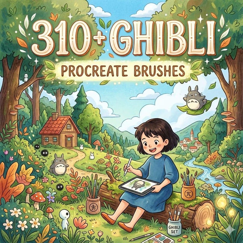 May include: A digital illustration featuring the text 310+ GHIBLI PROCREATE BRUSHES. The scene depicts a person sitting on a log in a lush forest, drawing on a tablet. The landscape includes a small wooden house, a river, and various forest creatures.