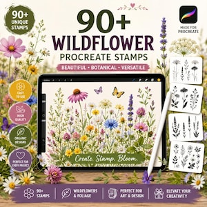 90+ Wildflower Procreate Brushes & Stamps | Botanical Flower Line Art, Floral Sketch Stamp Set