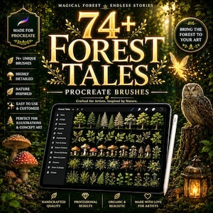 May include: Digital art Procreate brushes set, "74+ Forest Tales," for illustrations and concept art. The image features a tablet displaying various forest-themed brushes, including trees, leaves, and mushrooms. The design includes an owl, fairy, and lantern.