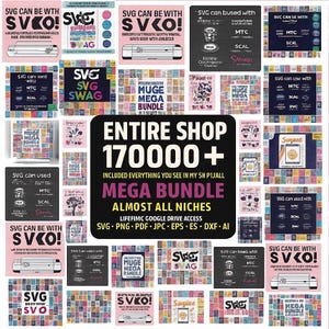 May include: A collection of digital design elements, including SVG files, with the text "SVG CAN BE WITH SVCO!" and "MEGA BUNDLE." The image showcases various design styles and is suitable for crafting projects.