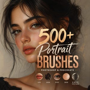 Può includere: Annuncio di pennelli per arte digitale con il volto di una donna e la scritta "500+ Portrait Brushes" in oro. Sono incluse icone per labbra, capelli, occhi, pelle e texture, che promuovono i pennelli Photoshop e Procreate.