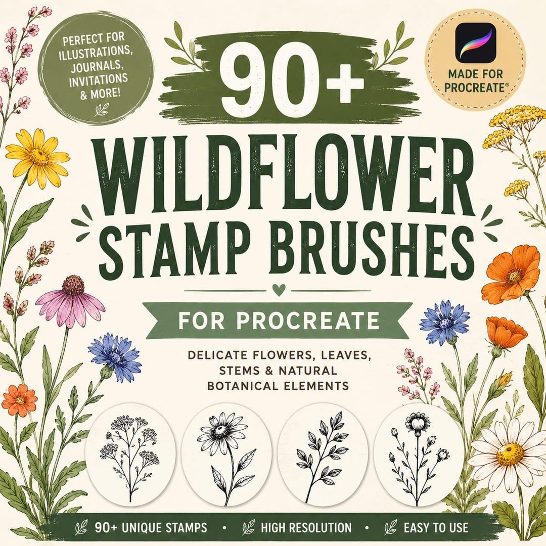 90+ Wildflower Procreate Brushes & Stamps | Botanical Flower Line Art ...