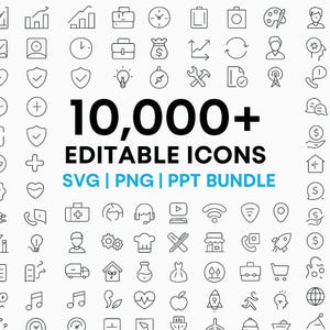 May include: A collection of over 10,000 editable icons in a variety of styles. The icons are available in SVG, PNG, and PPT formats. The text "10,000+ EDITABLE ICONS SVG | PNG | PPT BUNDLE" is displayed in black and blue.