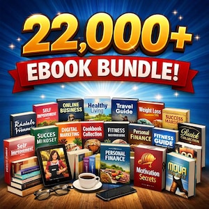 Könnte beinhalten: Werbebild für ein E-Book-Bundle. Das Bild zeigt eine Sammlung von Büchern mit Titeln wie "Online Business", "Gesundes Leben" und "Personal Finance". Der Text "22.000+ EBOOK BUNDLE!" ist prominent platziert.