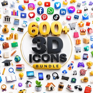 Pode incluir: Uma coleção de mais de 600 ícones 3D com logotipos de redes sociais, carrinhos de compras, eletrônicos, material de escritório e diversos objetos. O texto central diz 600+ 3D ICONS BUNDLE em letras douradas e pretas.