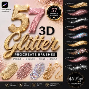 Peut inclure: Un ensemble numérique de 57 pinceaux Procreate à paillettes 3D avec une typographie dorée et or rose. L'image présente divers échantillons de traits de pinceau, notamment des effets scintillants, brillants et holographiques en or et rose.