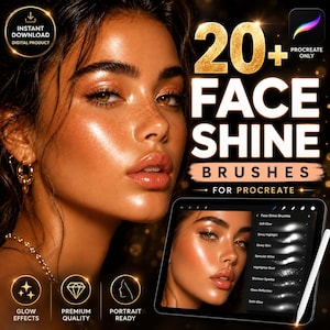 May include: Digital image promoting 20+ Face Shine Brushes for Procreate, featuring a woman with radiant skin. The image includes a tablet displaying brush options, a stylus, and text: "Instant Download, Digital Product, Glow Effects, Premium Quality, Portrait Ready."