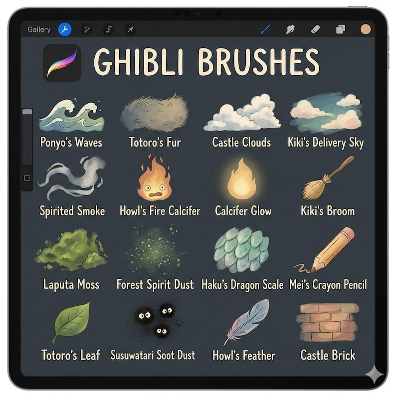 May include: A digital tablet screen displaying a Ghibli Brushes set with sixteen icons including Ponyo's Waves, Totoro's Fur, Castle Clouds, Kiki's Delivery Sky, Spirited Smoke, Howl's Fire Calcifer, Calcifer Glow, Kiki's Broom, Laputa Moss, Forest Spirit Dust, Haku's Dragon Scale, Mei's Crayon Pencil, Totoro's Leaf, Susuwatari Soot Dust, Howl's Feather, and Castle Brick.