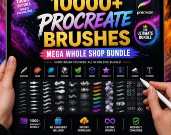 10000+ Procreate Brushes Mega Bundle Ultimate Stamp & Texture Pack Sketch, Watercolor, Ink, Hair, Glitter, Grain, Anime  Lettering Brushes