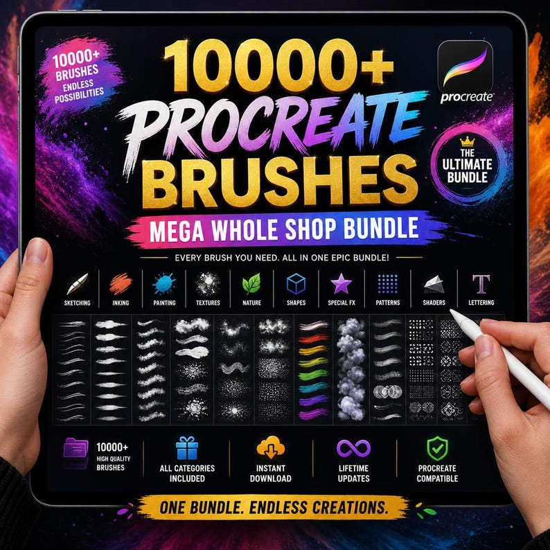 10000+ Procreate Brushes Mega Bundle Ultimate Stamp & Texture Pack Sketch, Watercolor, Ink, Hair, Glitter, Grain, Anime Lettering Brushes